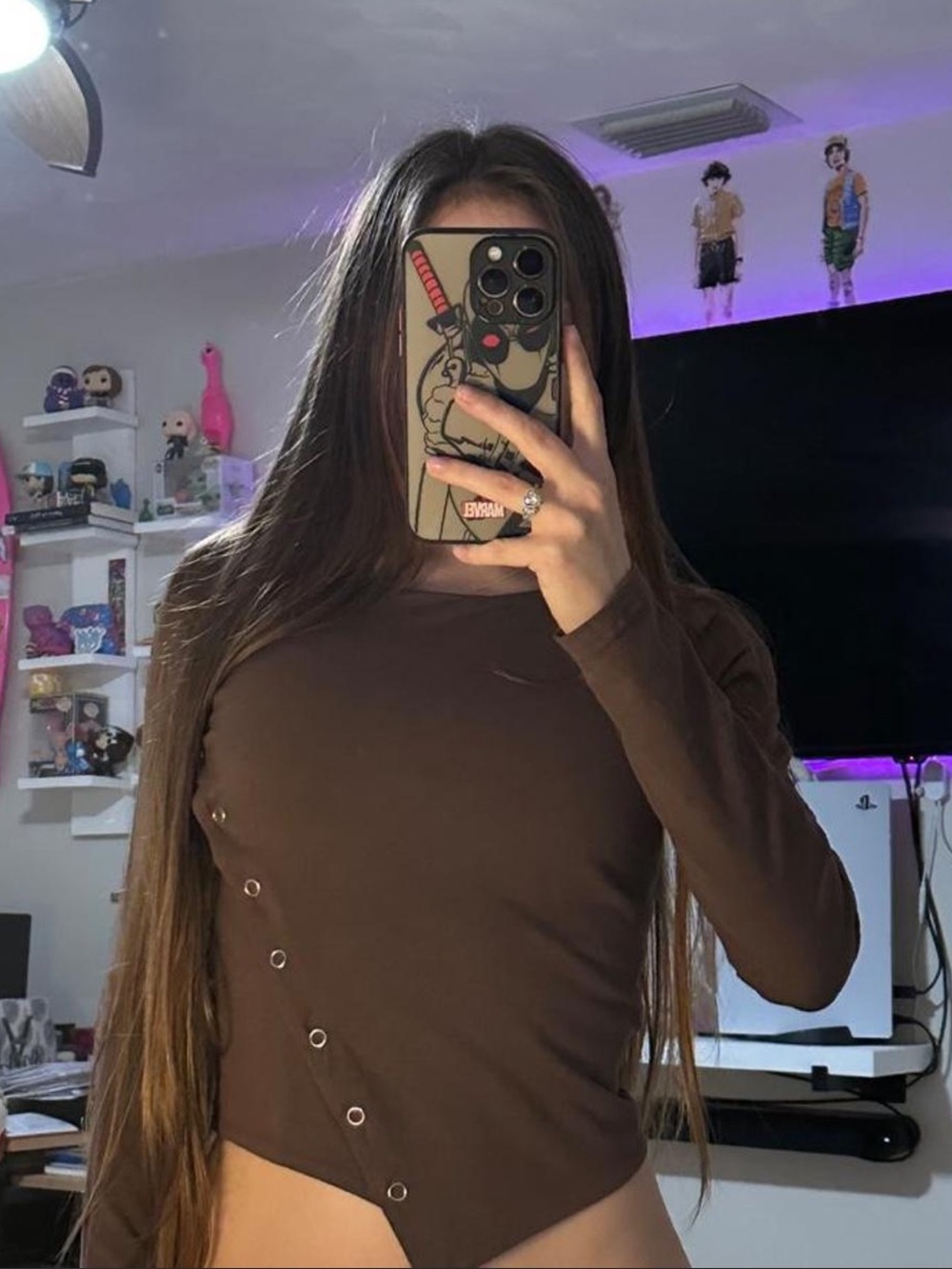 Asymmetrical Eyelet Long Sleeve Tee in Brown